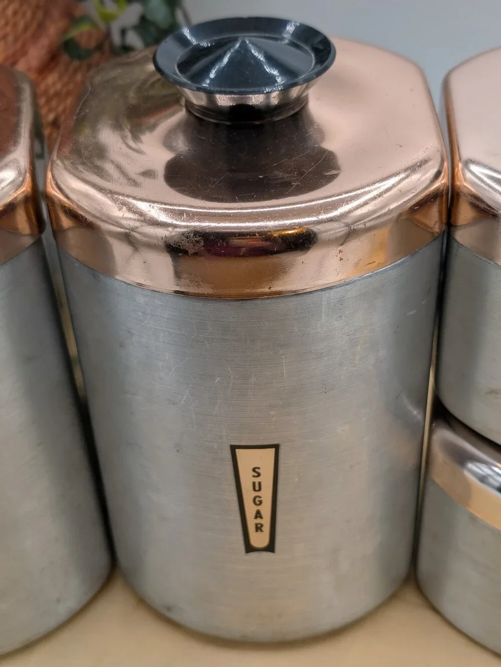 Vintage MCM Aluminum Canister Set Copper Lids Flour Sugar‎ Coffee Tea With Scoop
